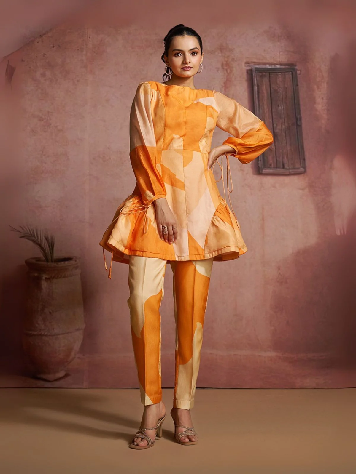 Odette Orange Cotton Blend Printed Co-ord Set For Women