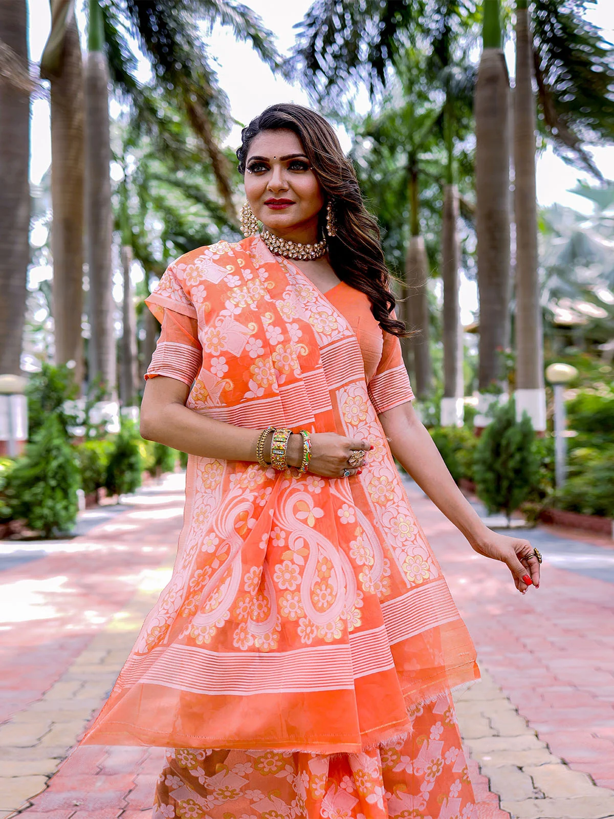 Odette Orange Cotton Blend Woven Saree With Unstitched Blouse For Women - Image 2