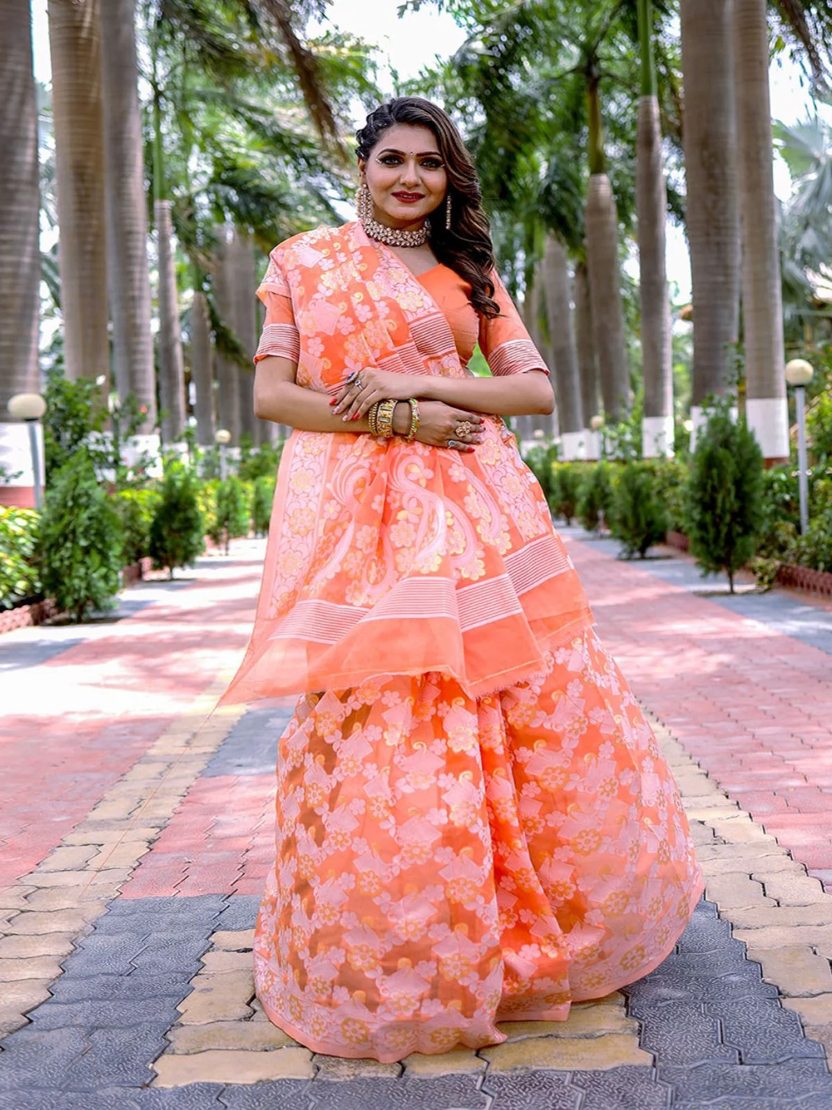 Odette Orange Cotton Blend Woven Saree With Unstitched Blouse For Women - Image 3