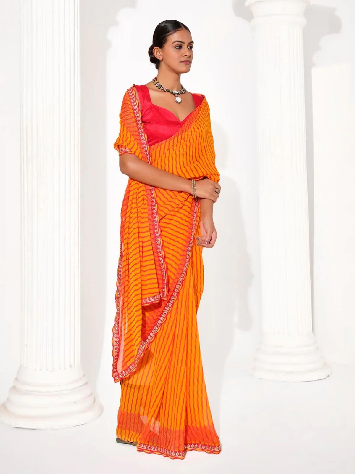Odette Orange Cotton Linen Embellished Striped Saree For Women - Image 2