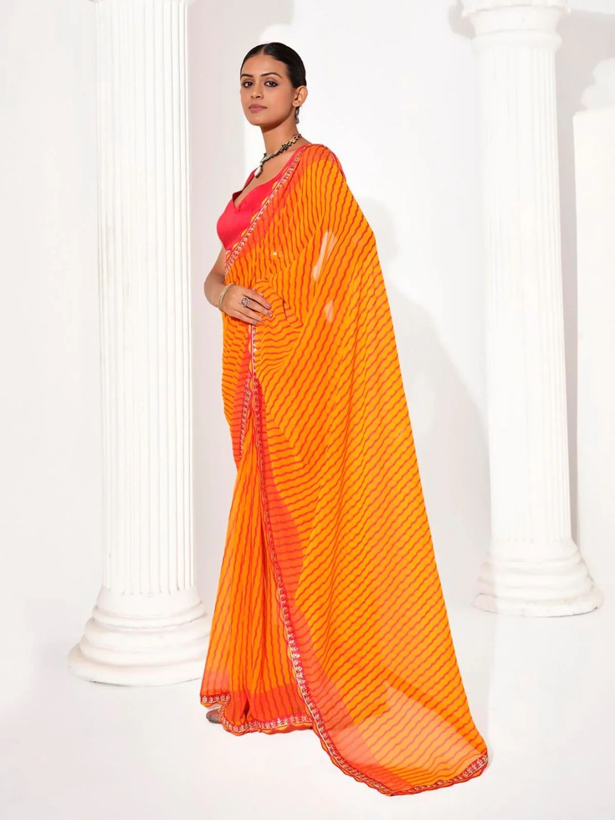 Odette Orange Cotton Linen Embellished Striped Saree For Women - Image 3