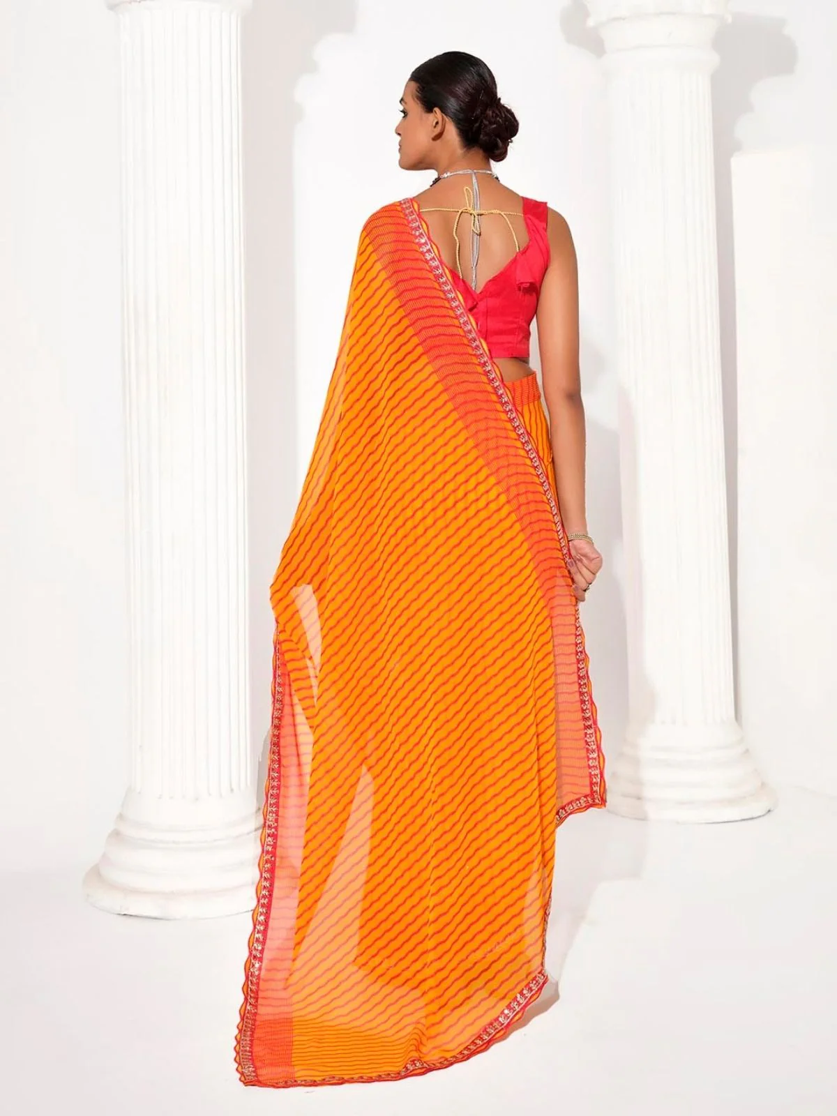 Odette Orange Cotton Linen Embellished Striped Saree For Women - Image 4