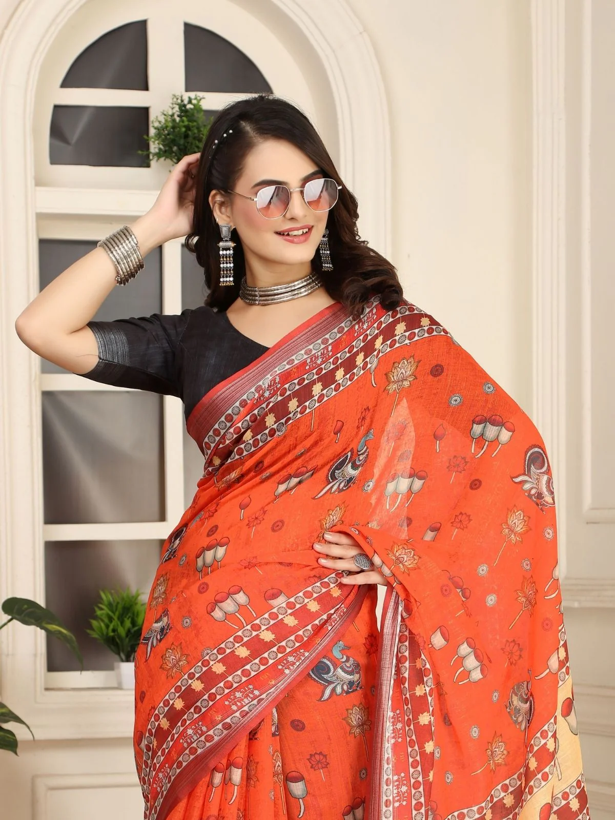 Odette Orange Cotton Linen Solid Printed Saree For Women - Image 2