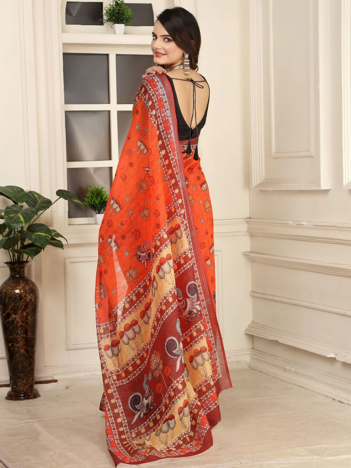Odette Orange Cotton Linen Solid Printed Saree For Women - Image 3
