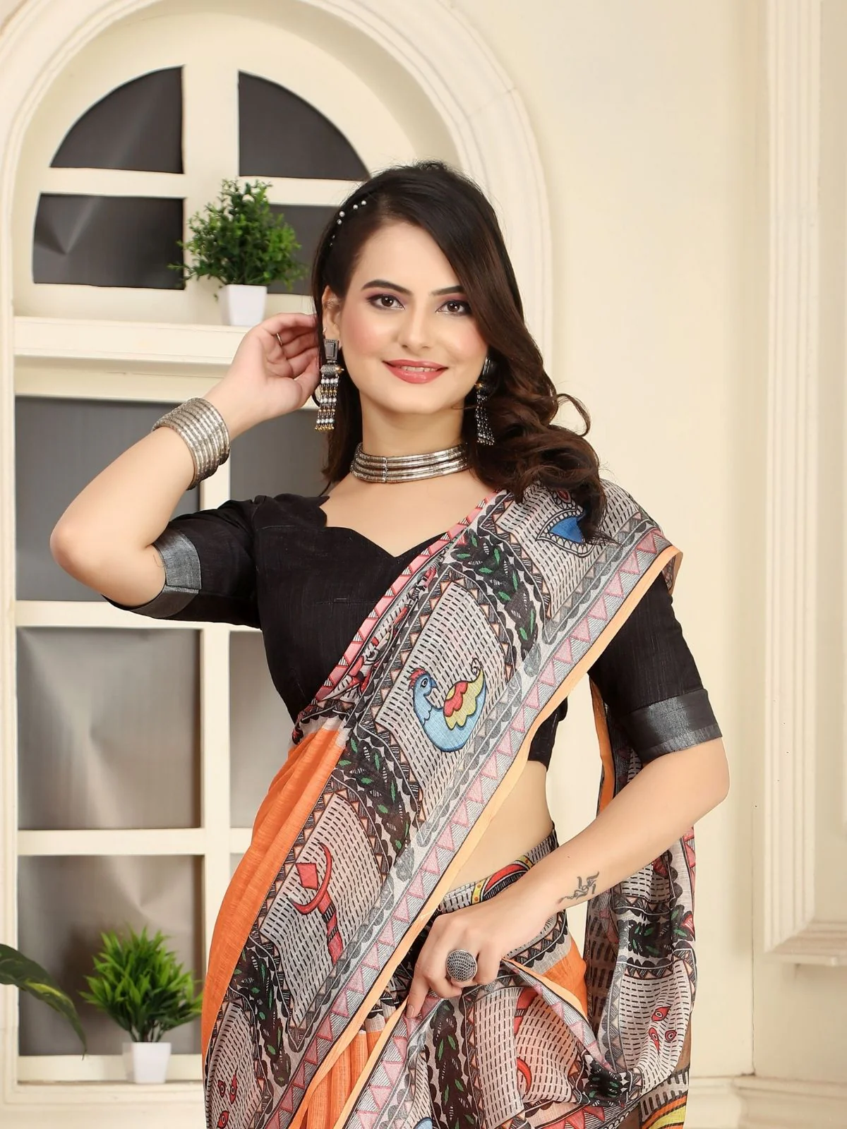 Odette Orange Cotton Linen Solid Printed Saree For Women - Image 4
