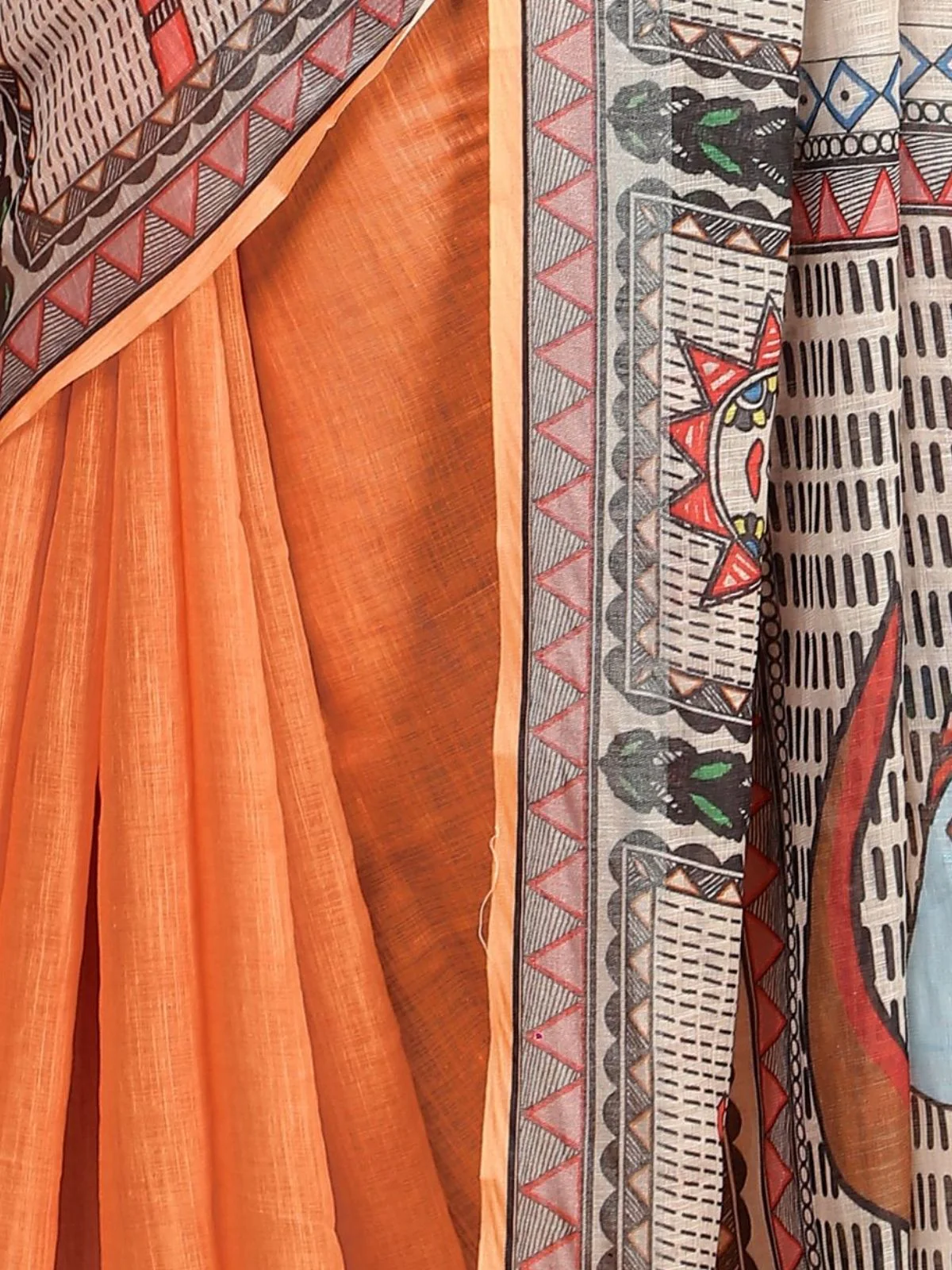 Odette Orange Cotton Linen Solid Printed Saree For Women - Image 5