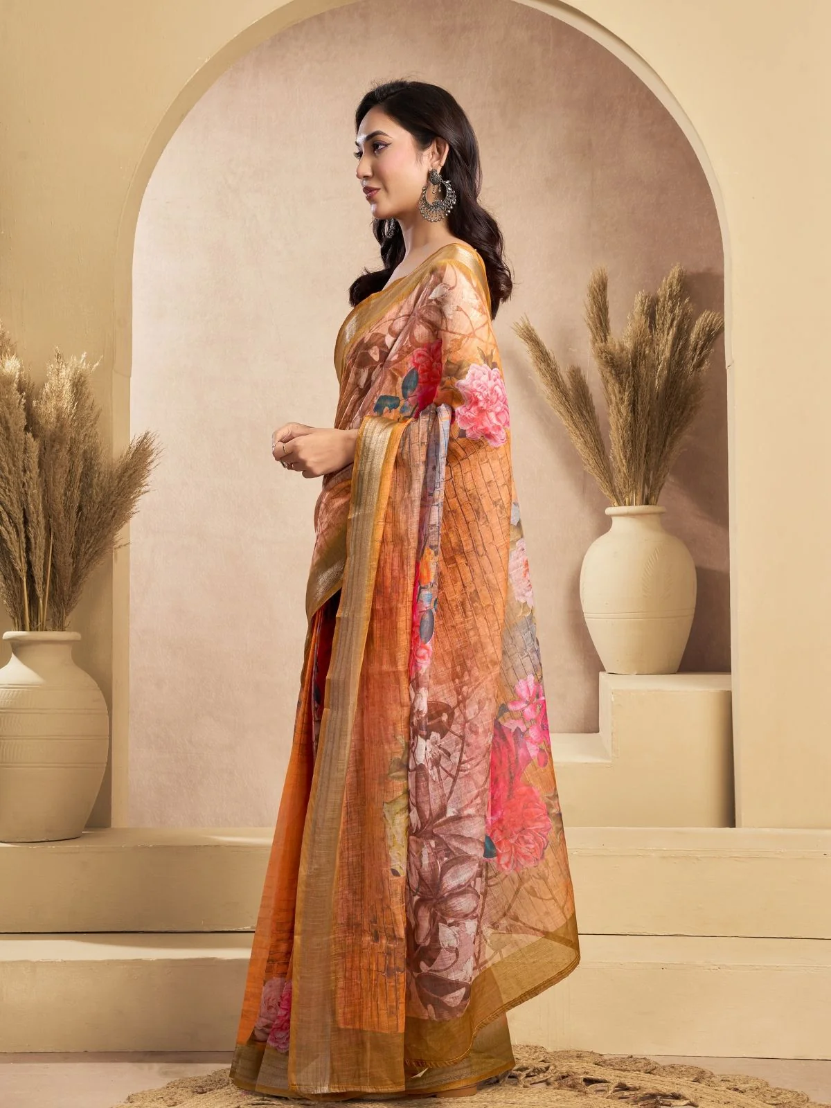 Odette Orange Cotton Linen Zari Work Saree For Women - Image 2