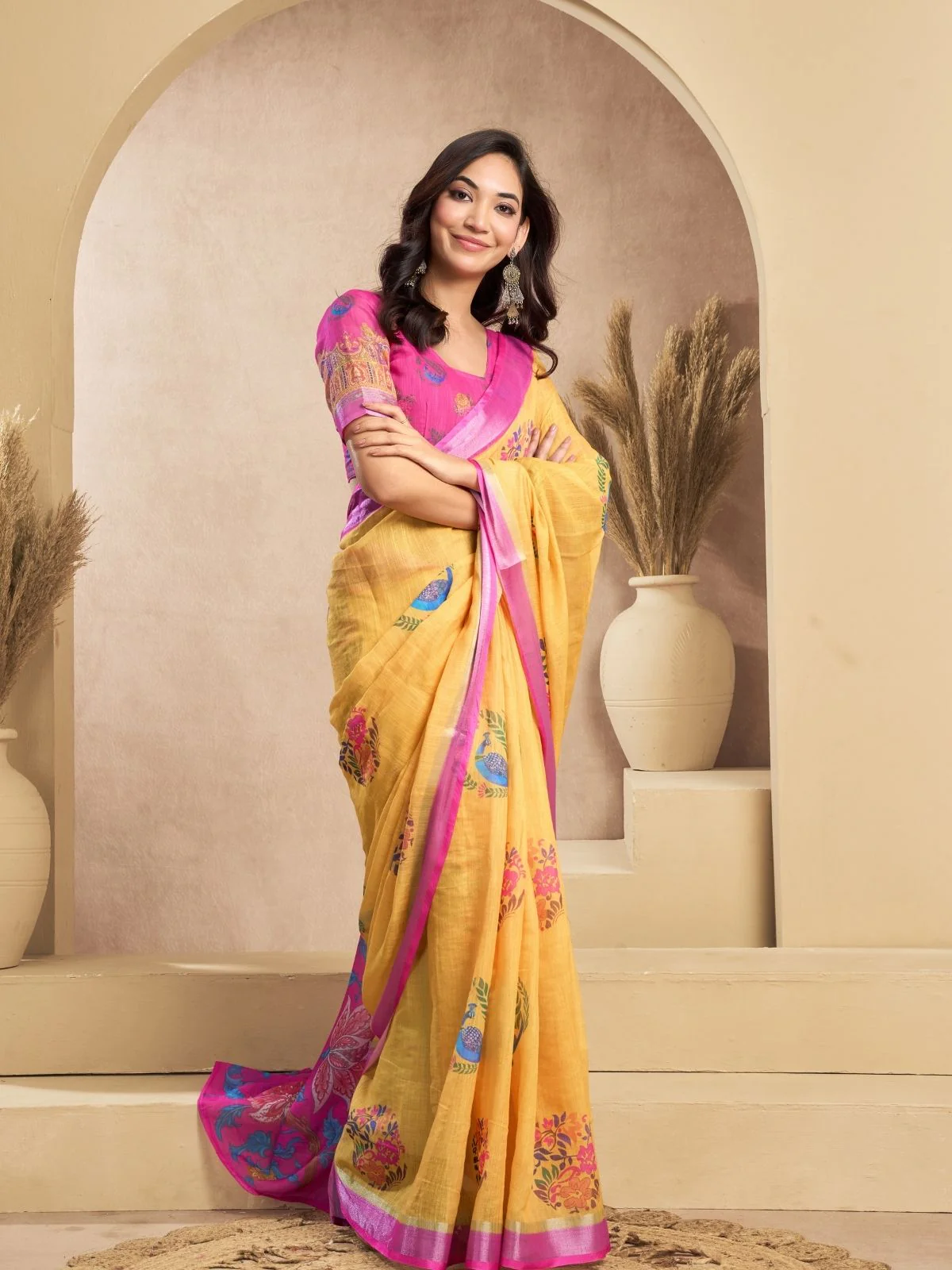 Odette Orange Cotton Linen Zari Work Saree For Women - Image 3