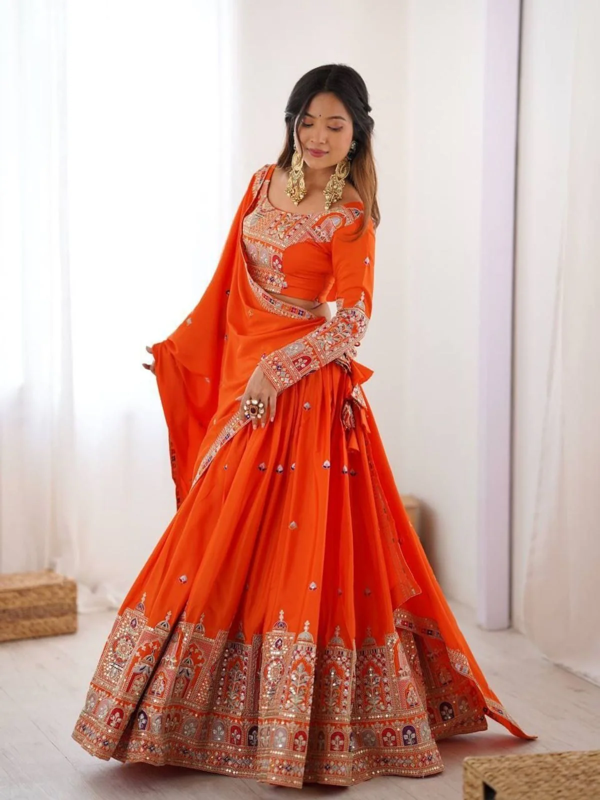 Odette Orange Crepe Embellished Semi Stitched Lehenga For Women - Image 2