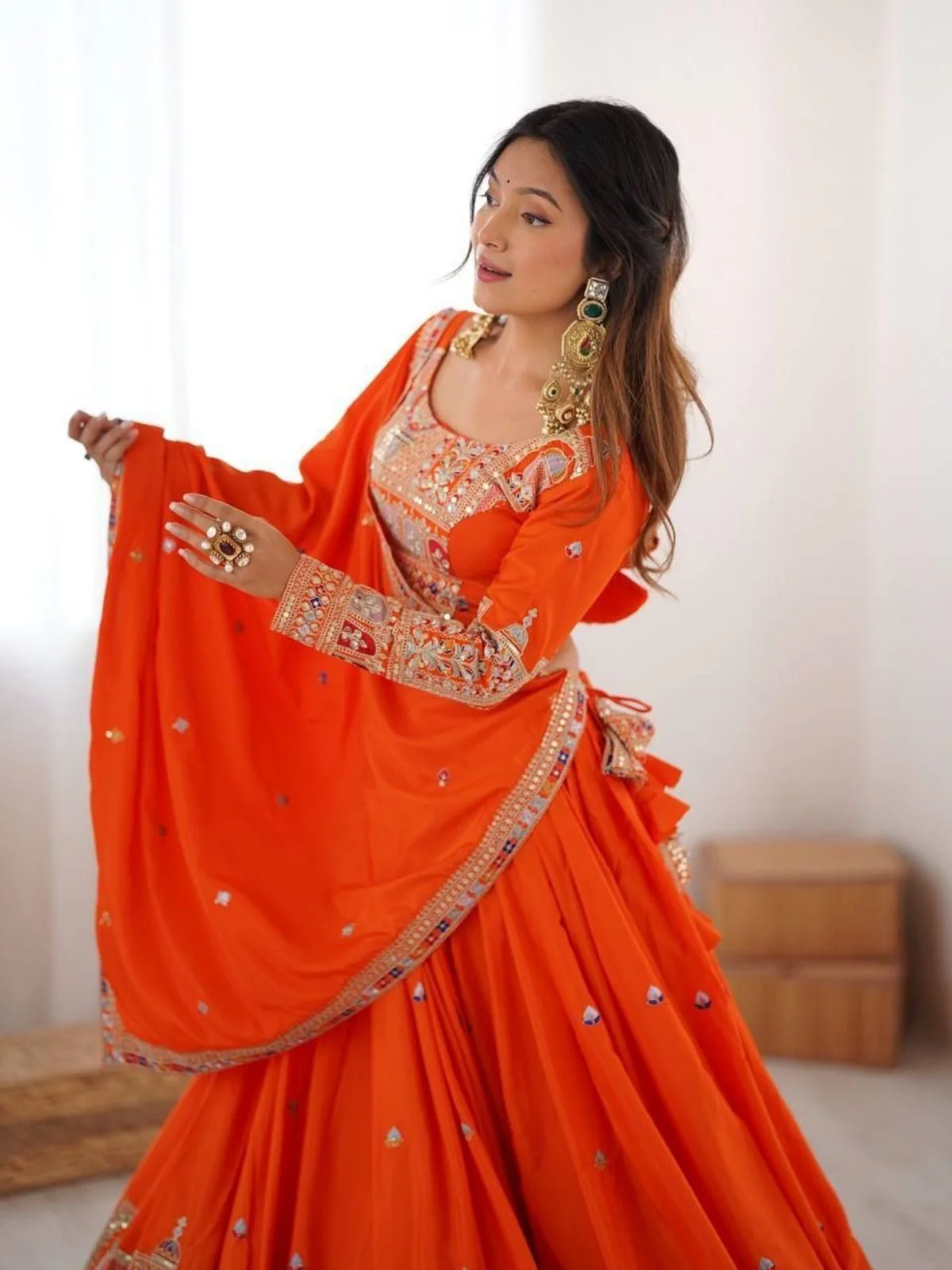 Odette Orange Crepe Embellished Semi Stitched Lehenga For Women - Image 4