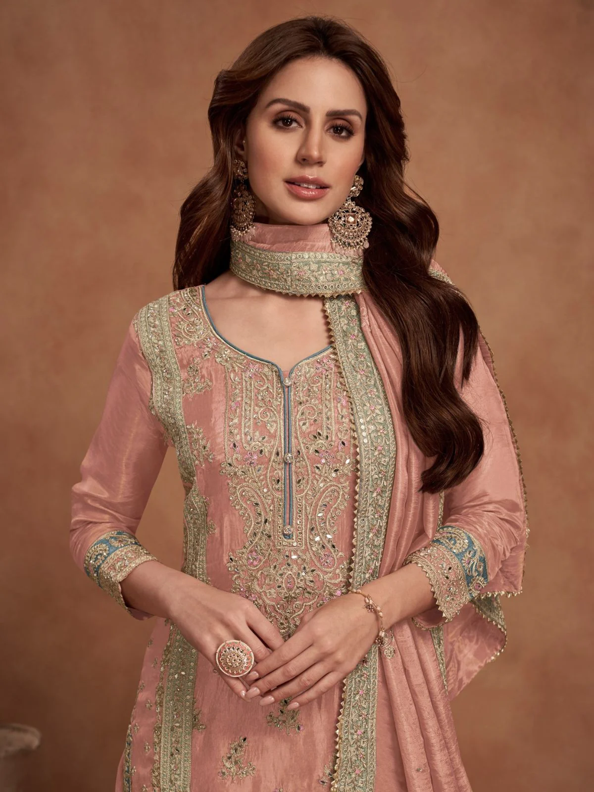 Odette Orange Embroided Silk Blend Semi-Stitched Kurta Set For Women - Image 2