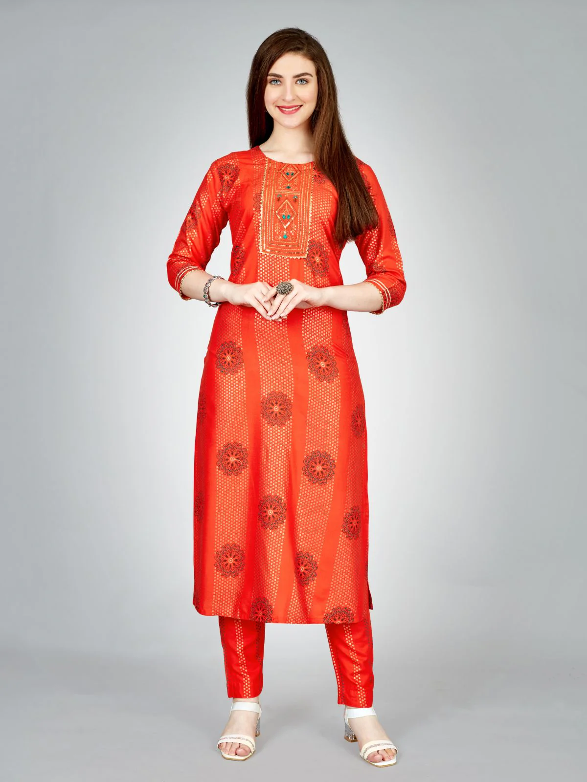 Odette Orange Embroidered Rayon Stitched Kurta Set For Women - Image 2