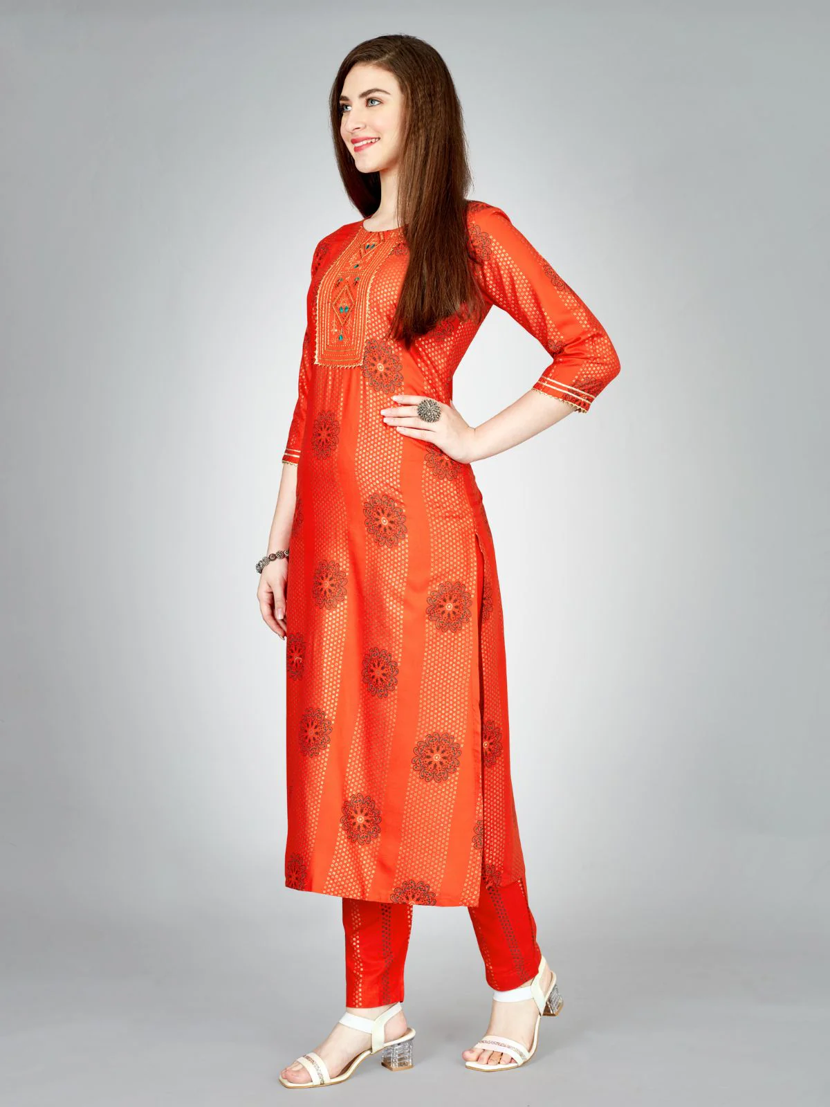 Odette Orange Embroidered Rayon Stitched Kurta Set For Women - Image 3
