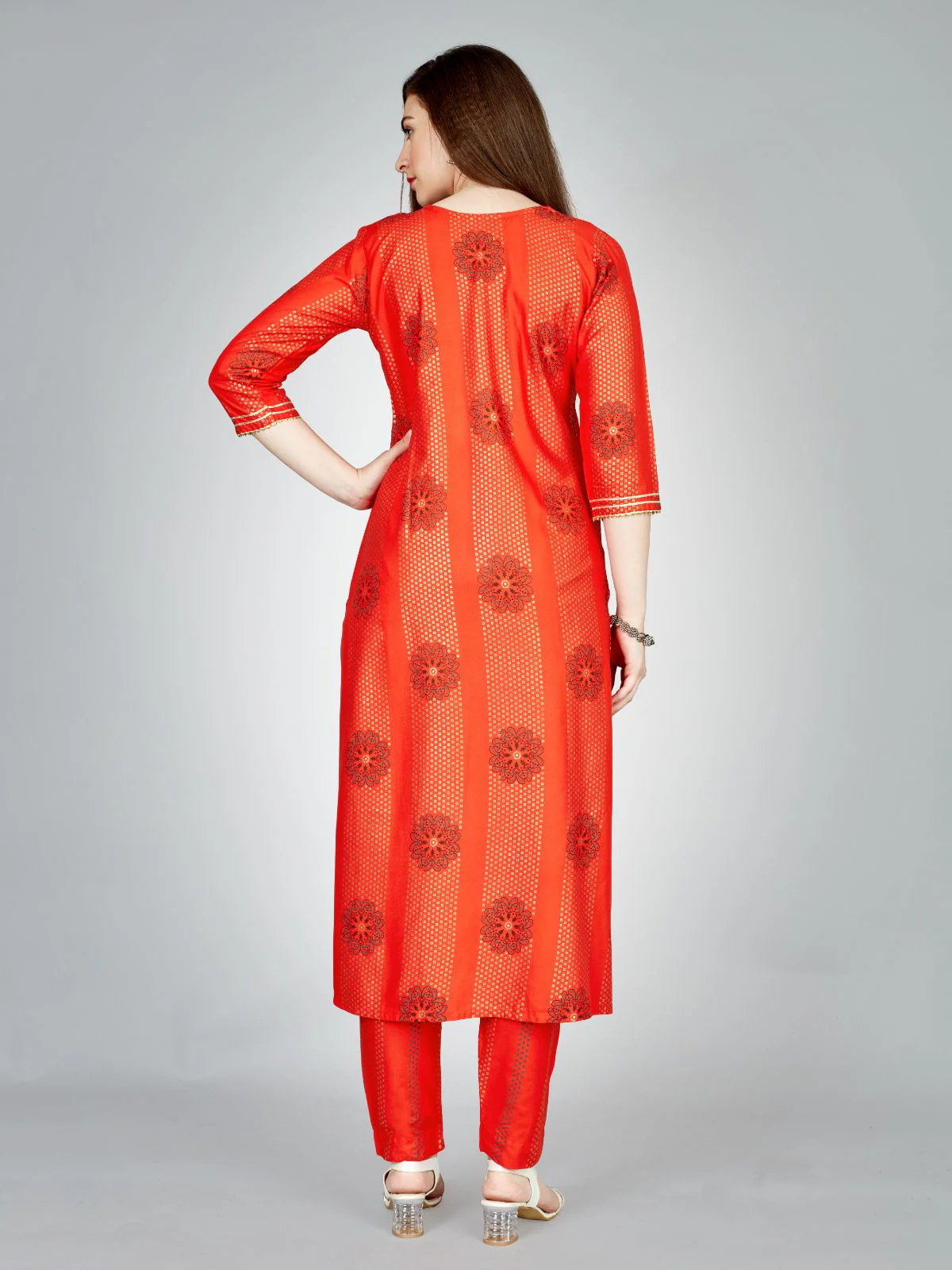 Odette Orange Embroidered Rayon Stitched Kurta Set For Women - Image 5