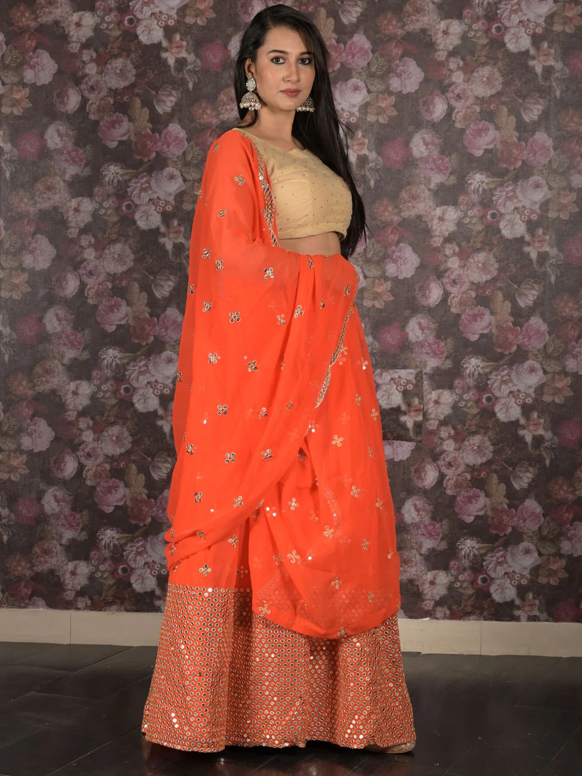Odette Orange Embroidered Semi Stitched Satin Lehenga with Untitched Blouse For Women - Image 3