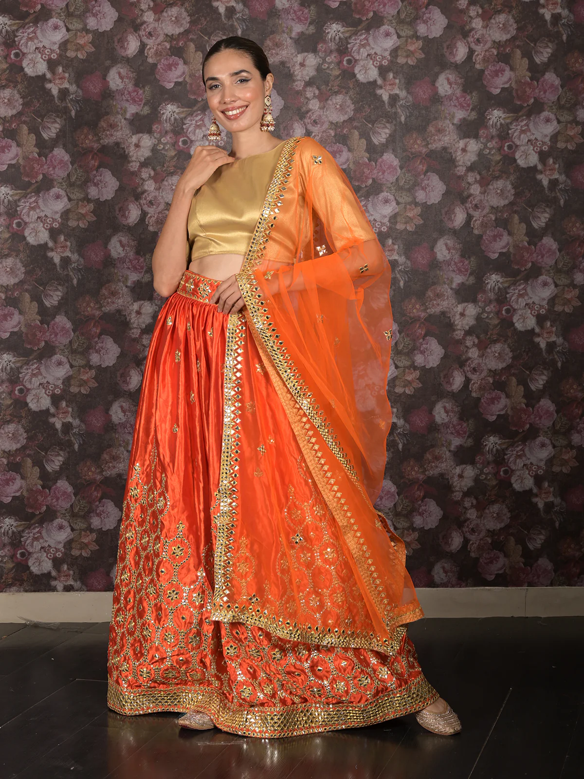 Odette Orange Embroidered Semi Stitched Satin Lehenga with Untitched Blouse For Women