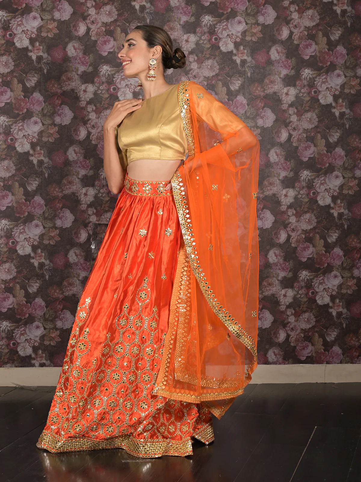 Odette Orange Embroidered Semi Stitched Satin Lehenga with Untitched Blouse For Women - Image 4