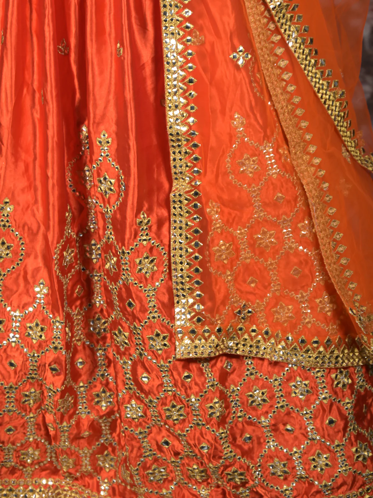 Odette Orange Embroidered Semi Stitched Satin Lehenga with Untitched Blouse For Women - Image 6