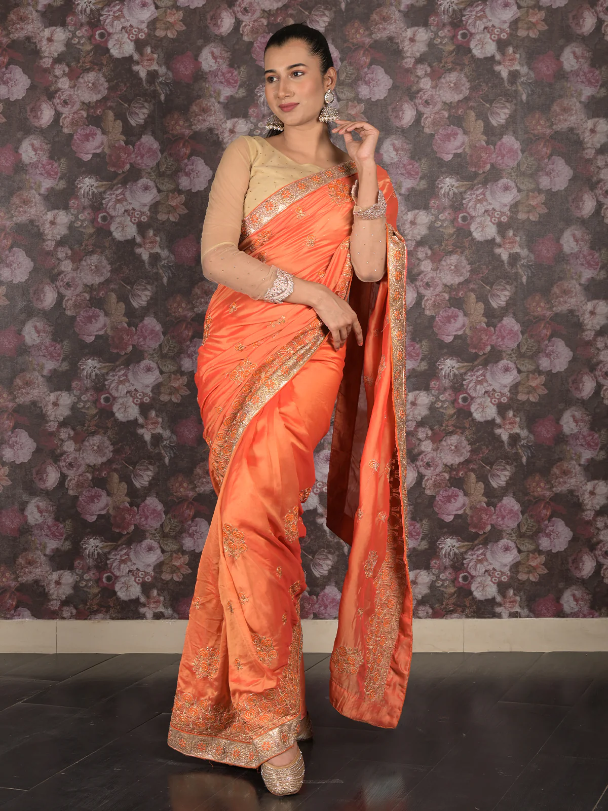 Odette Orange Embroiedered Crepe Saree Without Blouse For Women - Image 2