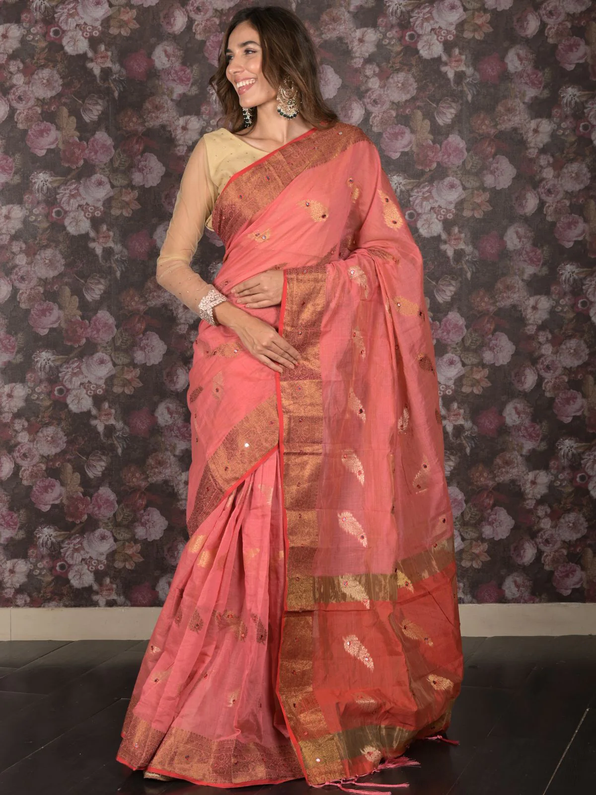 Odette Orange Faux Mirror Embroidered Cotton Blend Saree Without Blouse for Women - Image 2