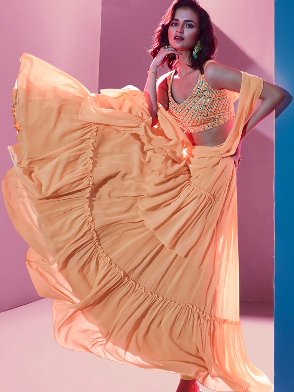 Odette Orange Georgette Embellished Semi Stitched Lehenga With Unstitched Blouse For Women - Image 2