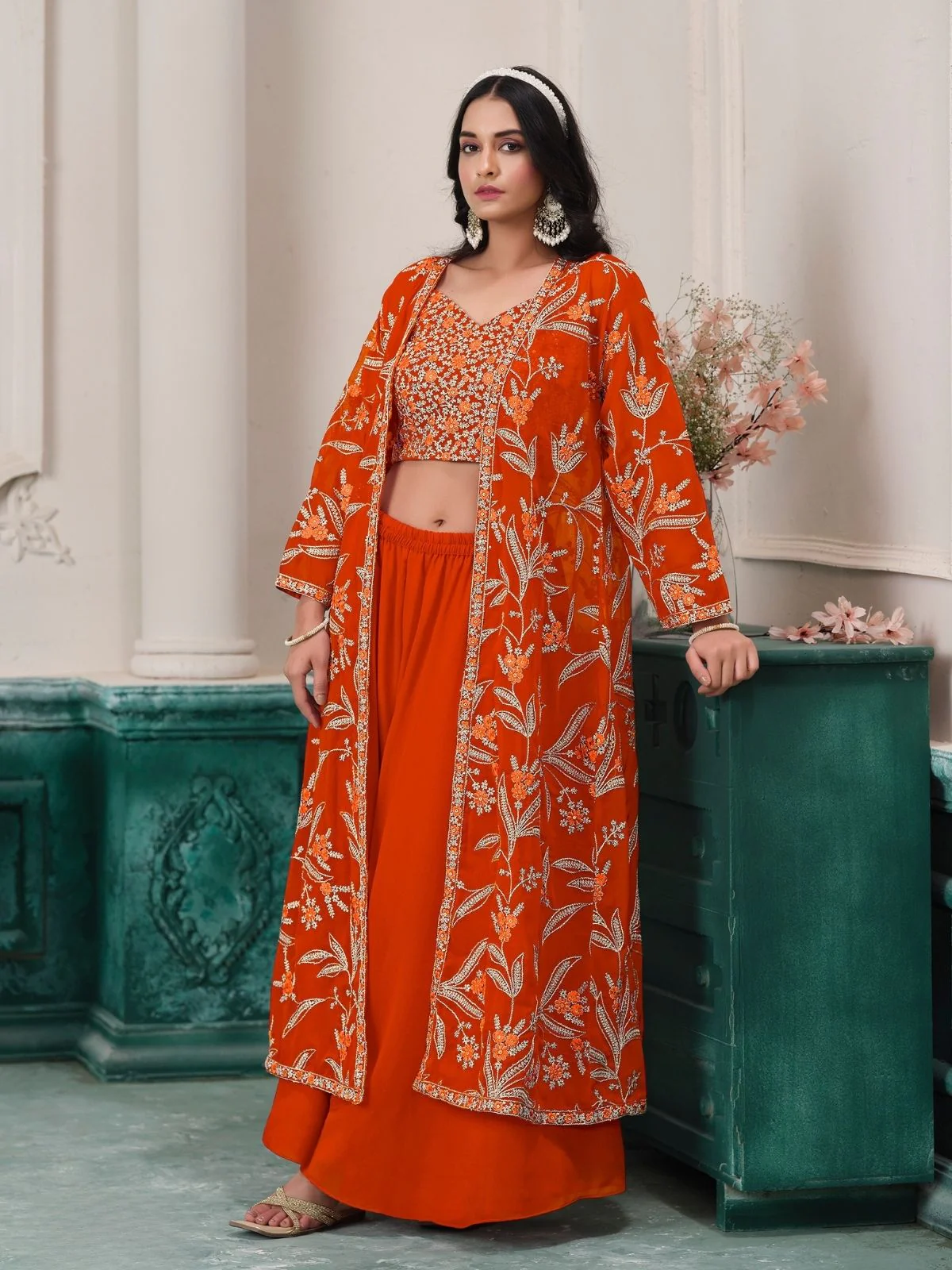 Odette Orange Georgette Embroidered Semi-Stiched Co-Ord Set For Women - Image 2