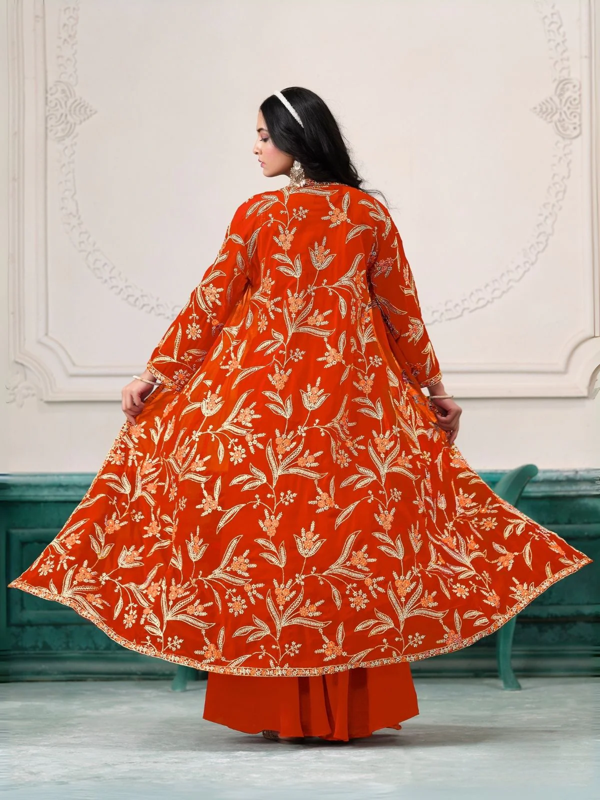 Odette Orange Georgette Embroidered Semi-Stiched Co-Ord Set For Women - Image 3