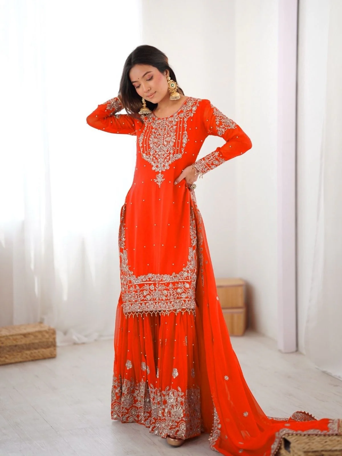 Odette Orange Georgette Embroidered Stitched Kurta Set For Women - Image 2