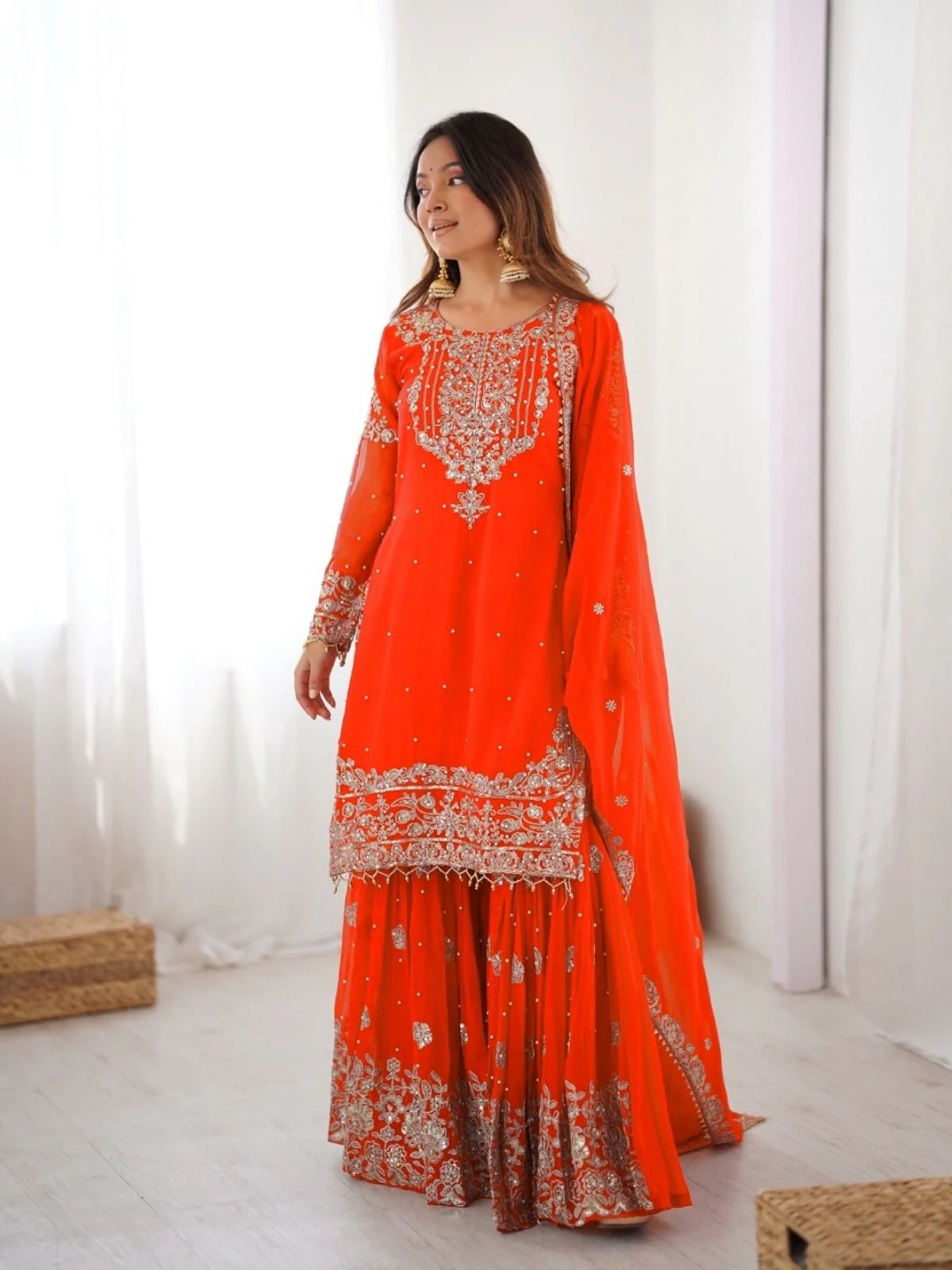 Odette Orange Georgette Embroidered Stitched Kurta Set For Women - Image 4