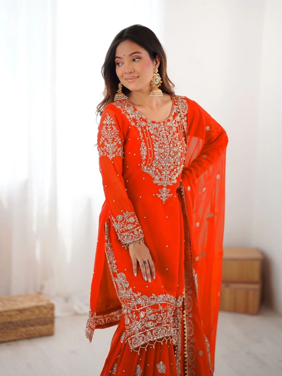 Odette Orange Georgette Embroidered Stitched Kurta Set For Women - Image 6