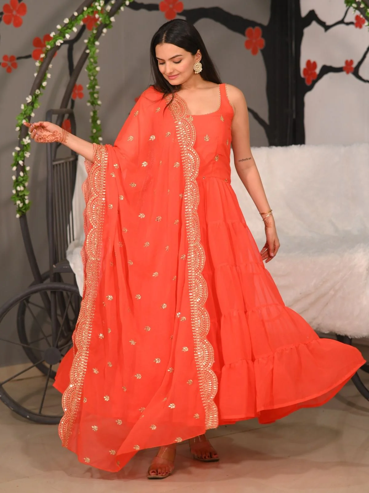 Odette Orange Georgette Embroidered Stitched Kurta Set For Women - Image 2