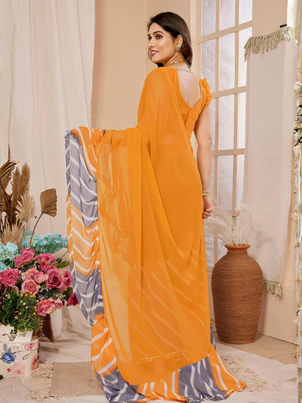 Odette Orange Georgette Printed Saree For Women - Image 3
