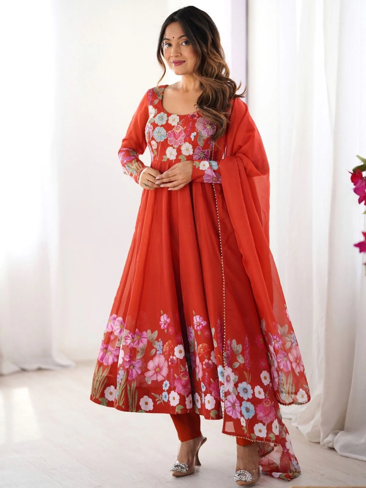 Odette Orange Georgette Printed Stitched Kurta Set For Women