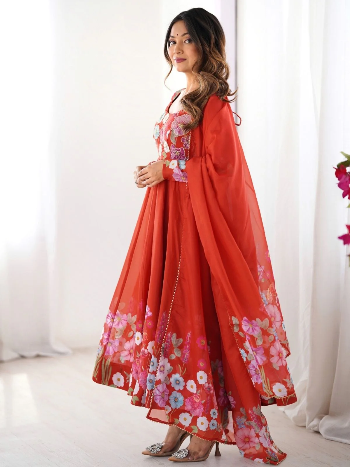 Odette Orange Georgette Printed Stitched Kurta Set For Women - Image 3