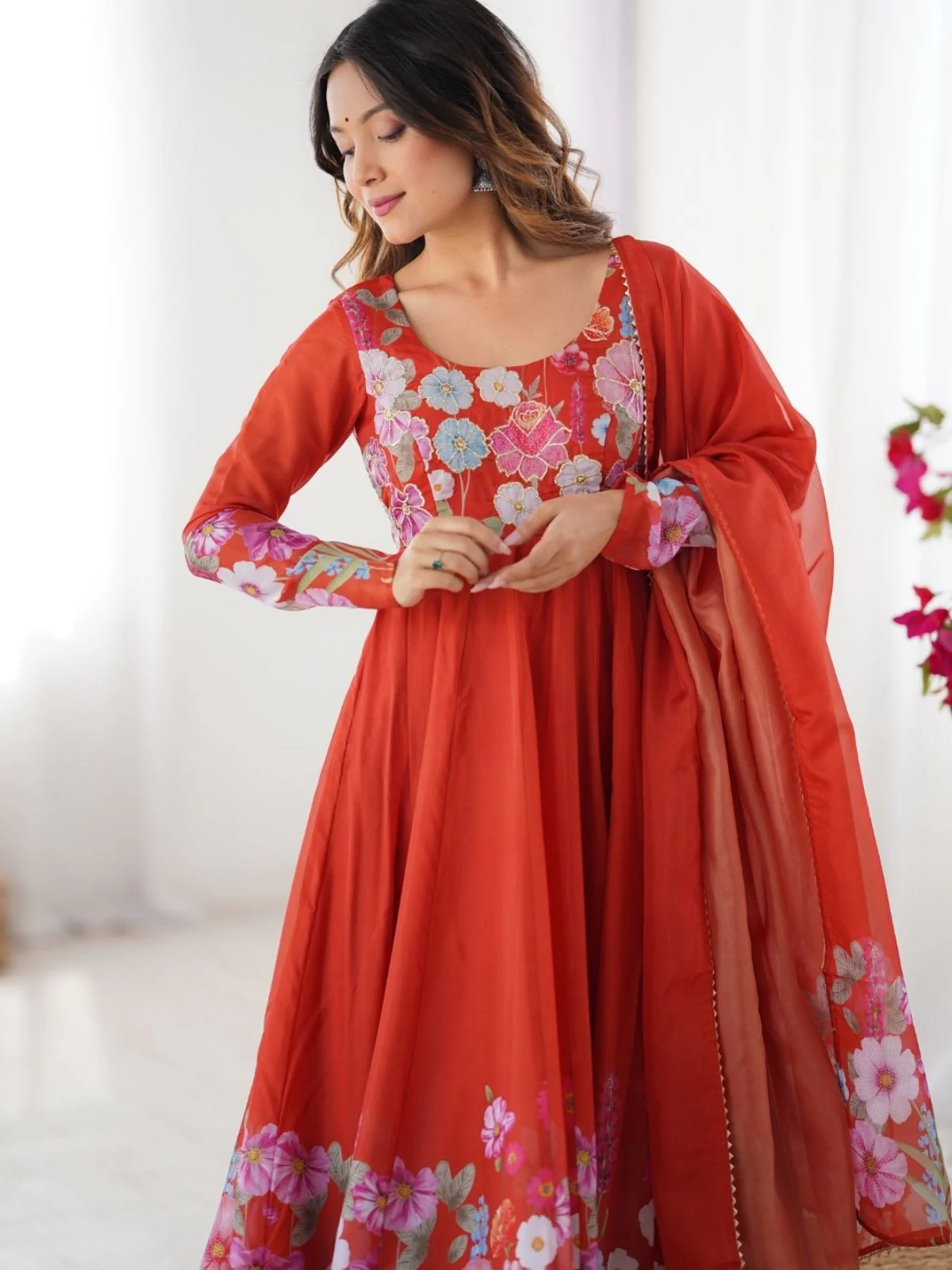 Odette Orange Georgette Printed Stitched Kurta Set For Women - Image 6