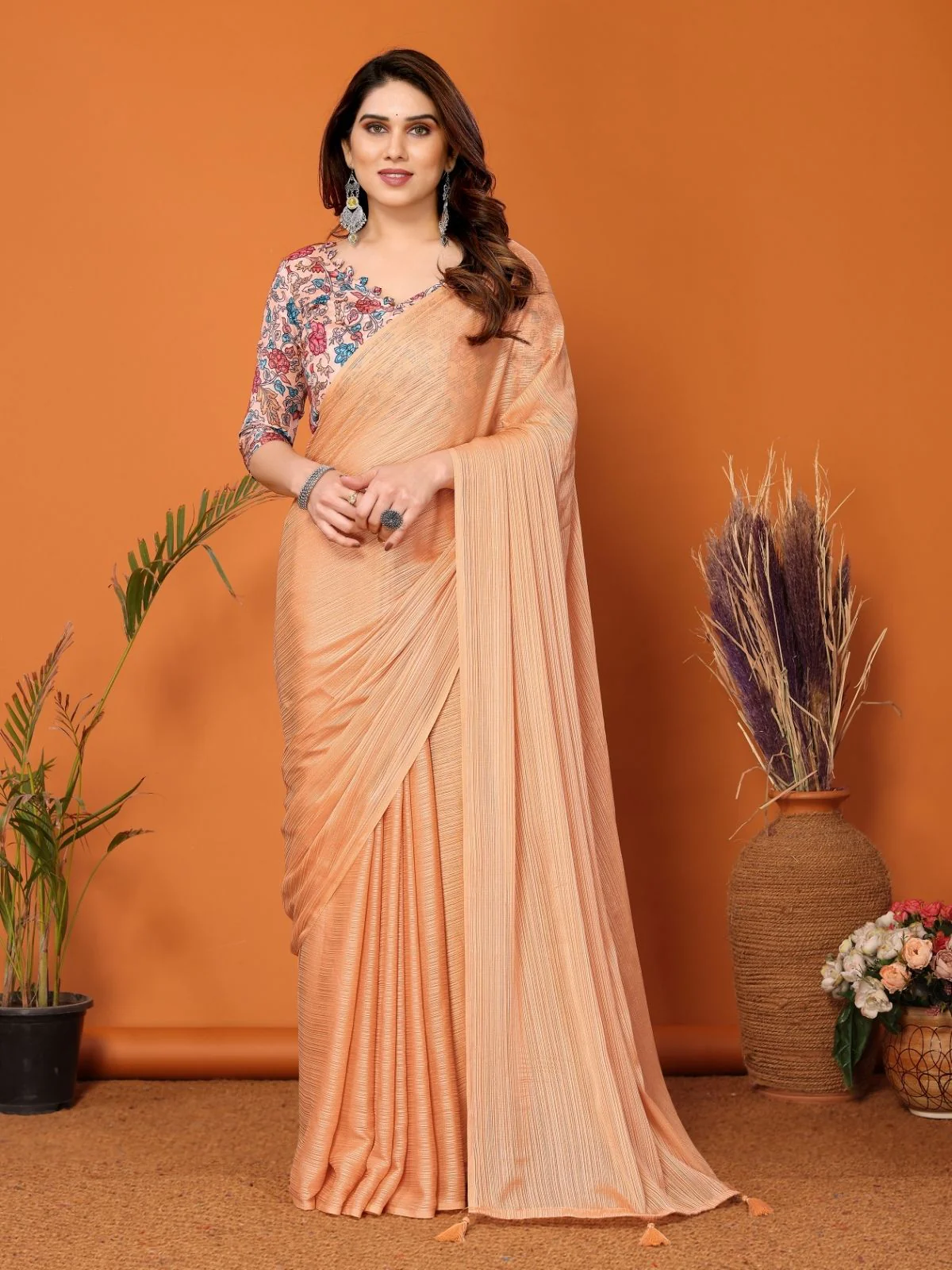 Odette Orange Georgette Solid Saree For Women