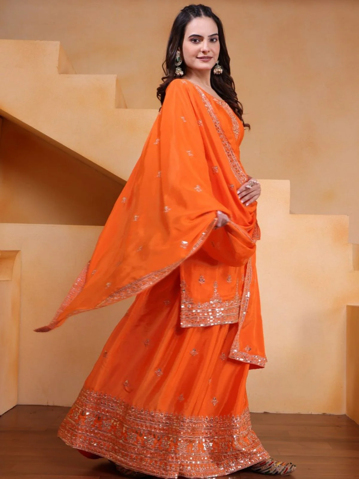 Odette Orange Georgette Solid Stitched Kurta Set For Women - Image 2