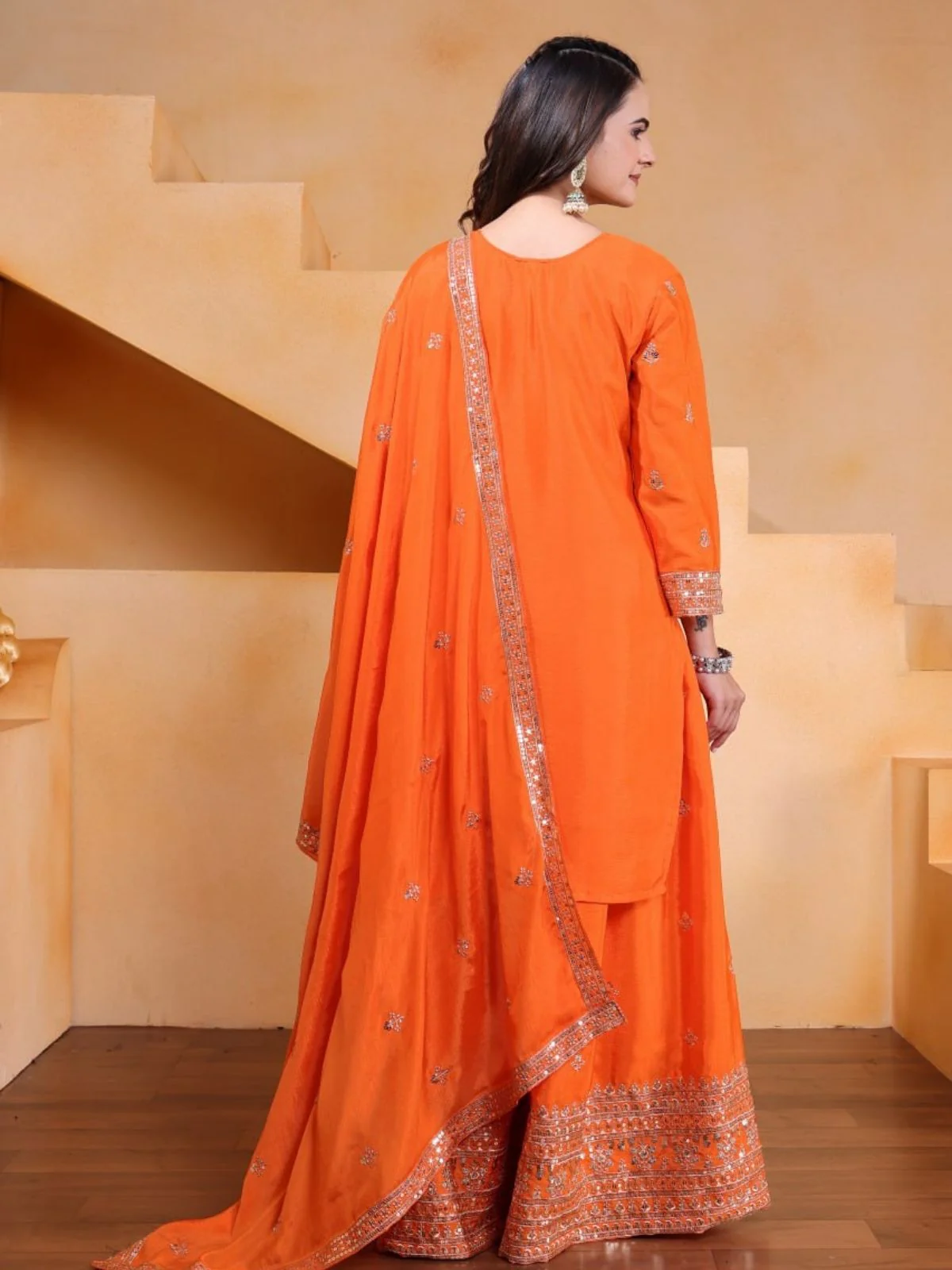 Odette Orange Georgette Solid Stitched Kurta Set For Women - Image 3