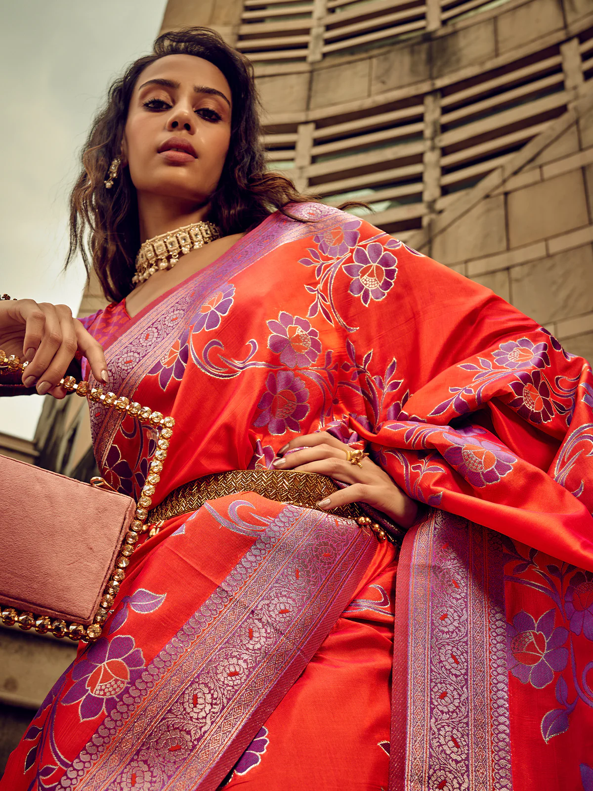 Odette Orange Handloom Woven Satin Saree For Women - Image 4