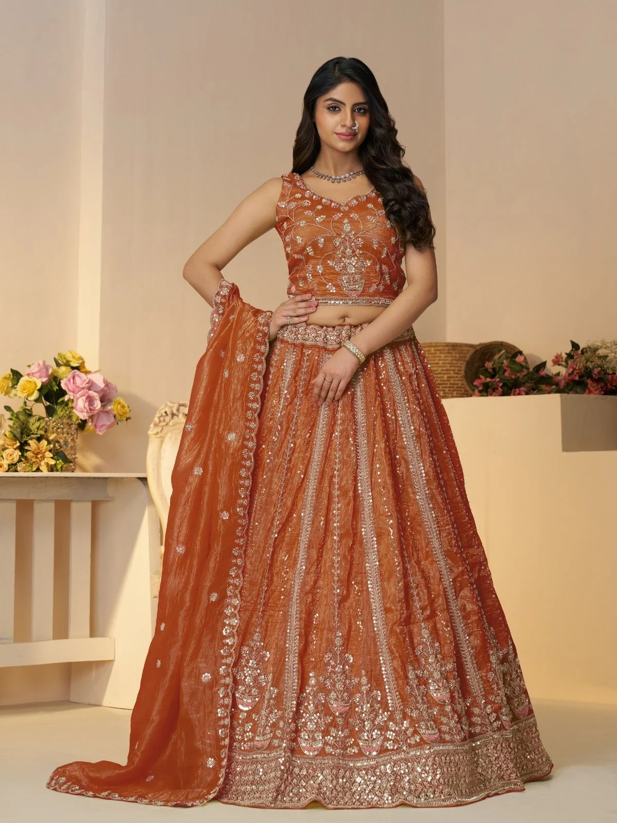 Odette Orange Jimmy Choo Embroidered Semi-Stitched Lehenga For Women
