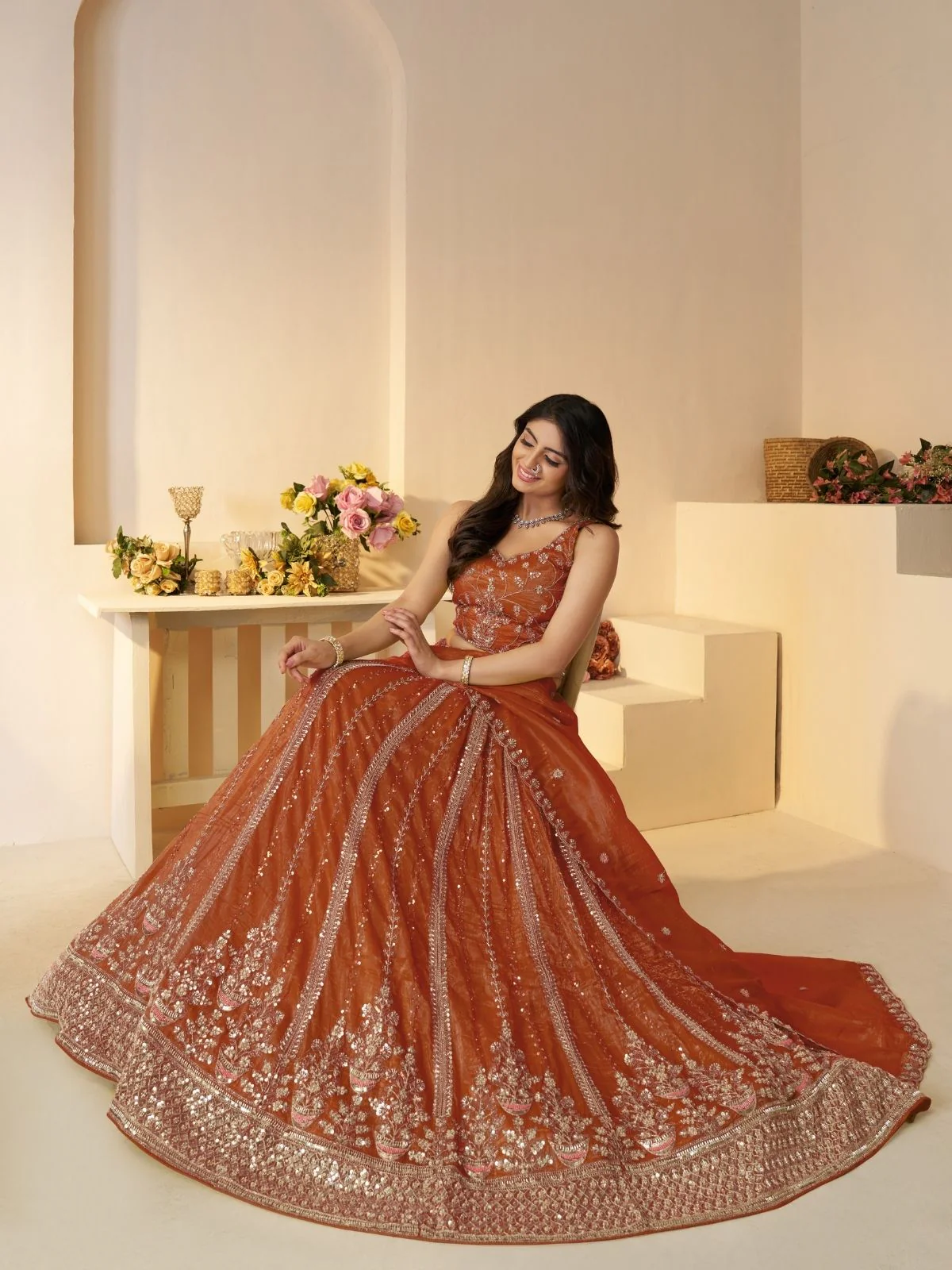 Odette Orange Jimmy Choo Embroidered Semi-Stitched Lehenga For Women - Image 2