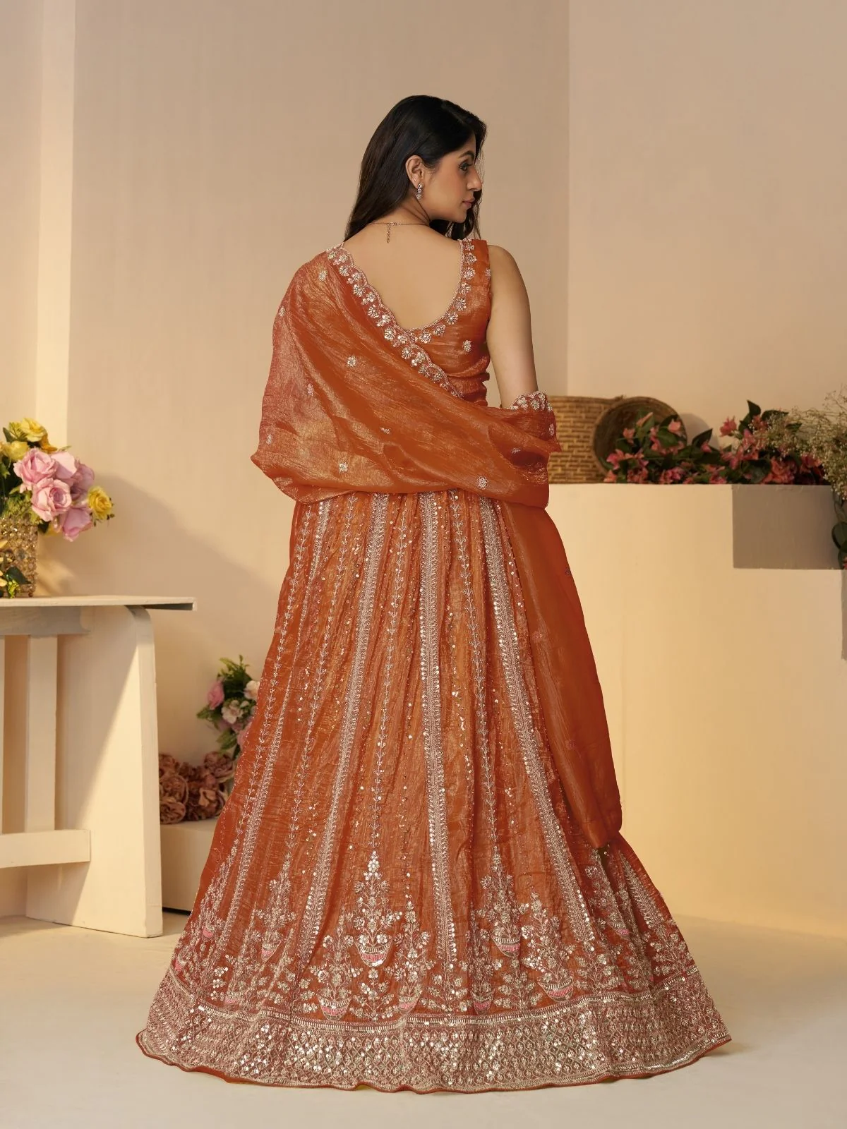 Odette Orange Jimmy Choo Embroidered Semi-Stitched Lehenga For Women - Image 4