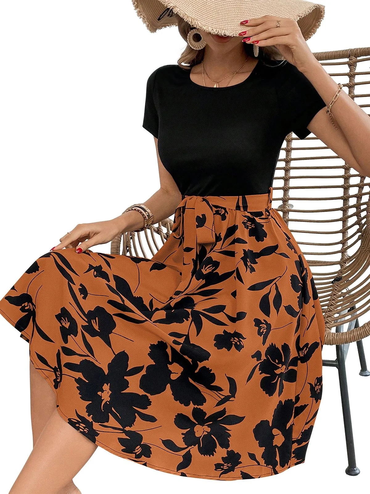 Odette Orange Knit Printed Dress For Women - Image 4