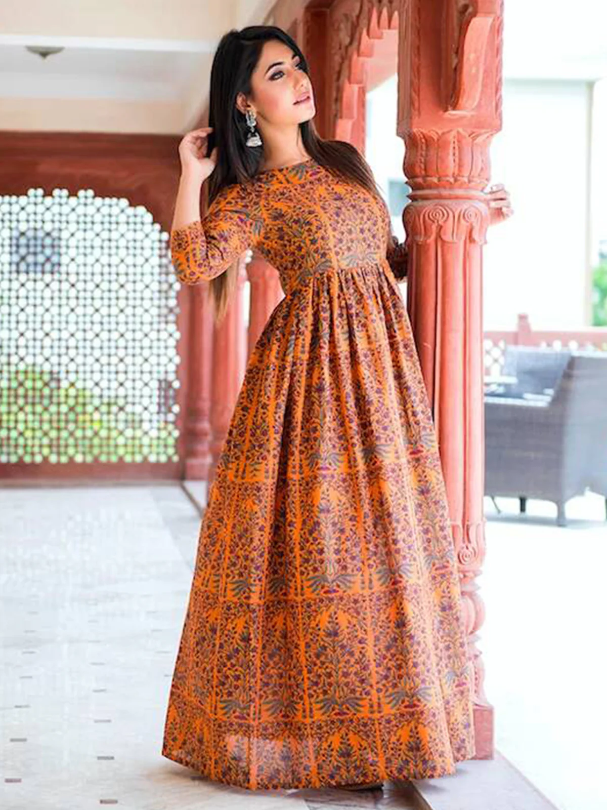 Odette Orange Muslin Stitched Gown For Women - Image 2