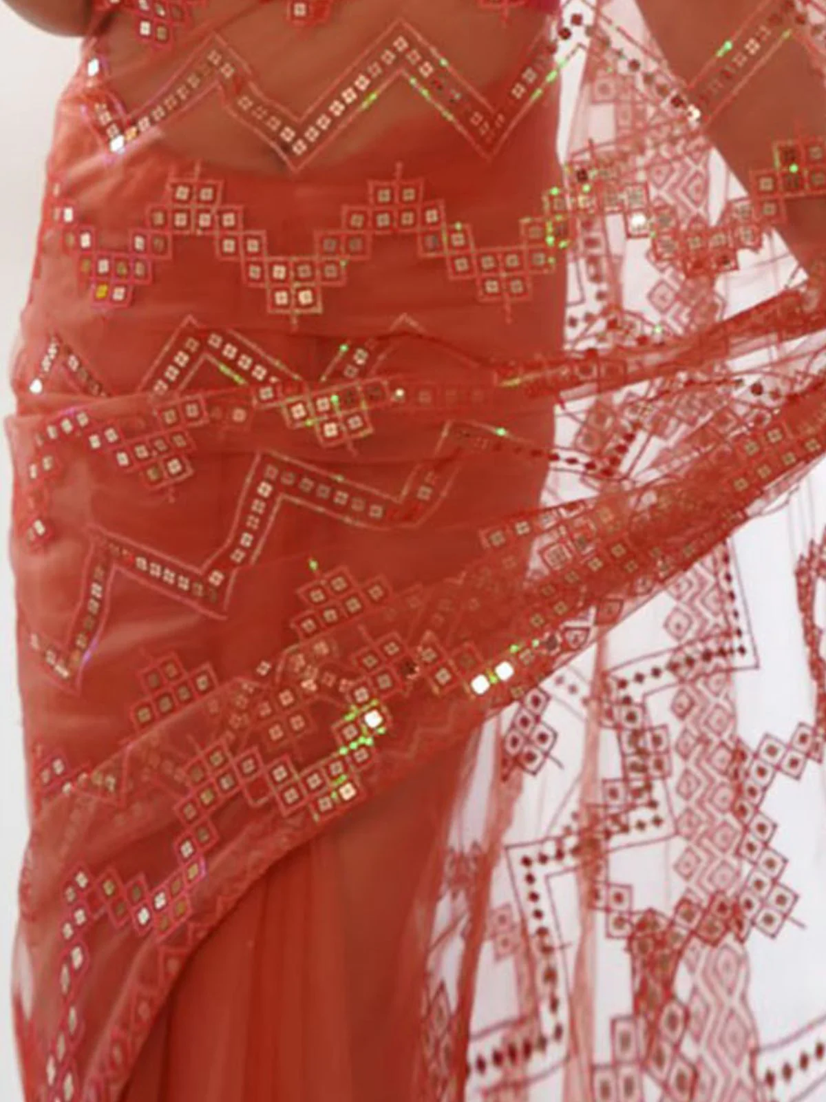 Odette Orange Net Embroidered Saree With Unstitched Blouse For Women - Image 3