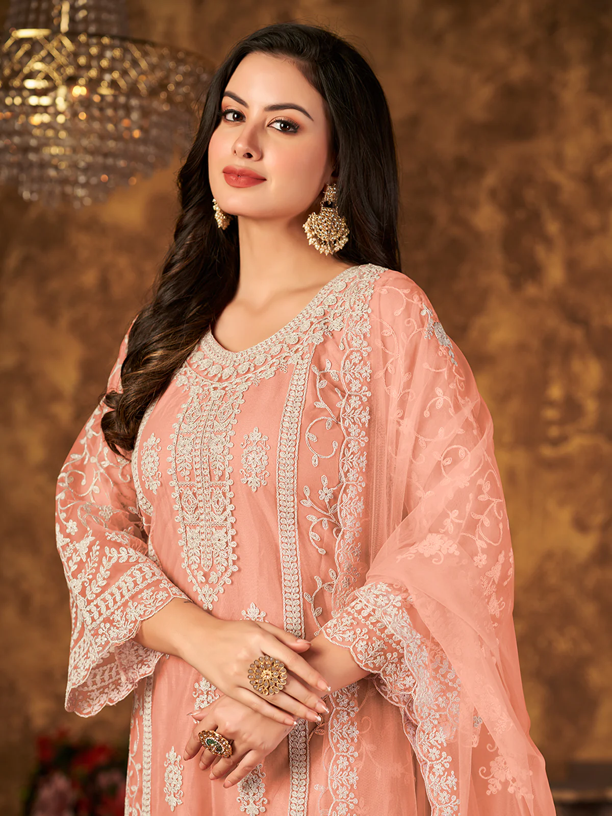 Odette Orange Net Embroidered Semi stitched Kurta Set with Inner For Women - Image 3