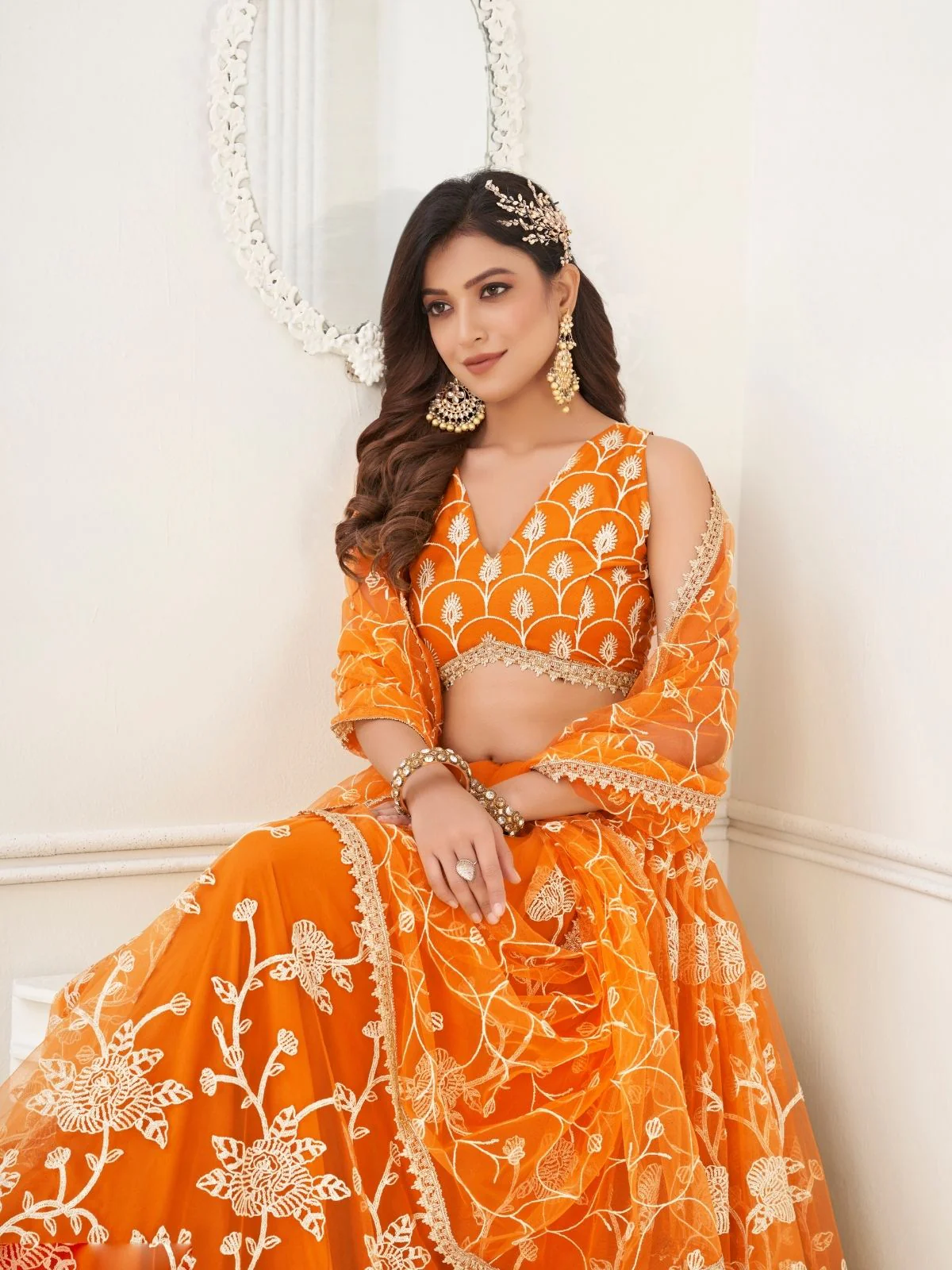 Odette Orange Net Embroidered Semi Stitched Lehenga For Women - Image 4