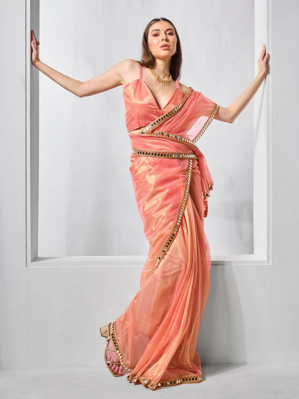 Odette Orange Net Solid Saree With Unstitched Blouse For Women - Image 2