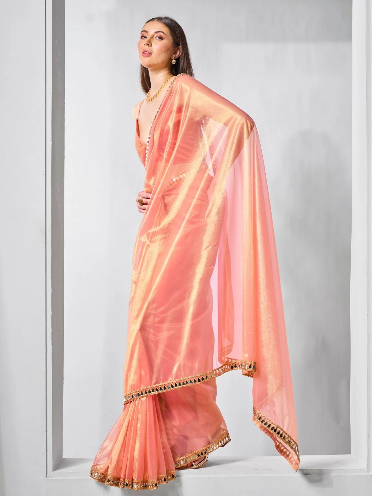 Odette Orange Net Solid Saree With Unstitched Blouse For Women - Image 3