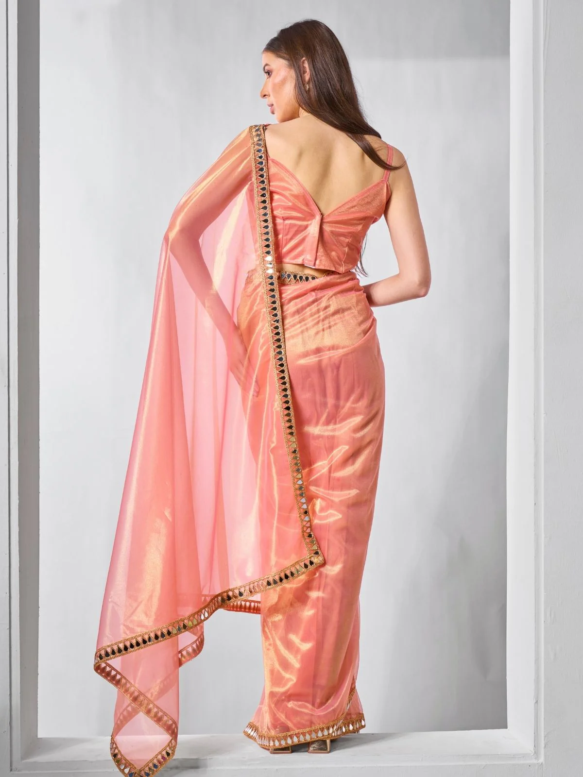 Odette Orange Net Solid Saree With Unstitched Blouse For Women - Image 4